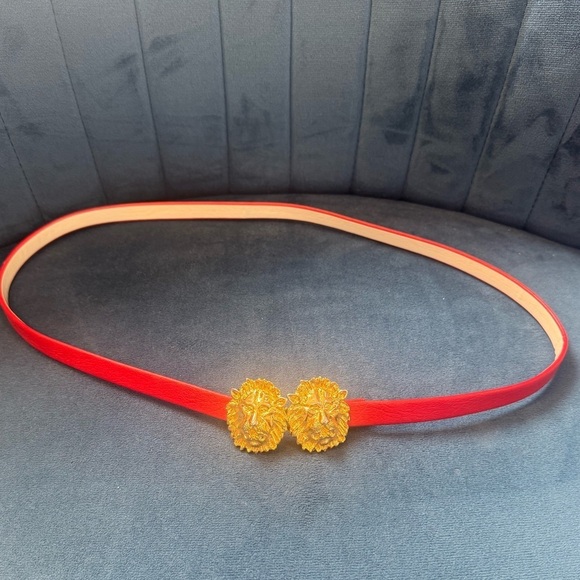 Vintage 1981 Jeanne Bouchever Red Belt Gold Lion Buckle 29” main image 2